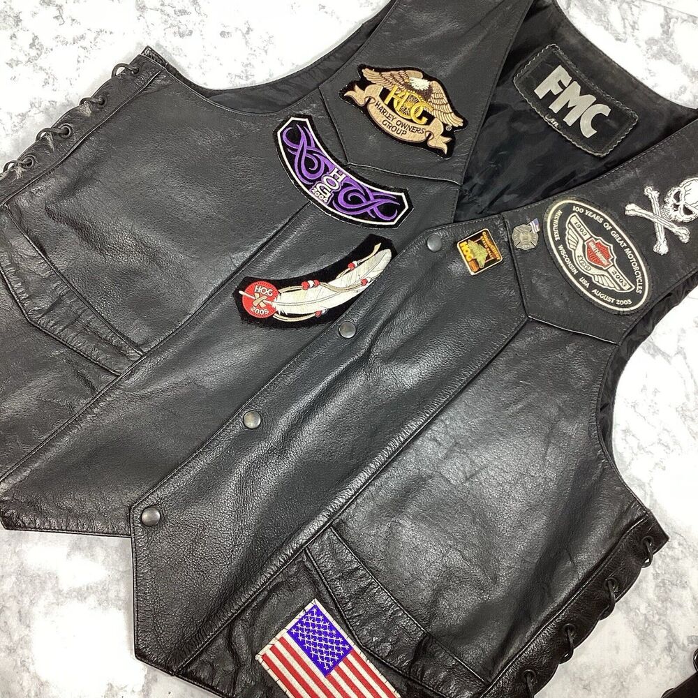 FMC Leather Biker Vest Laced Sides Harley Davidson HOG Patches Pins Mens 48